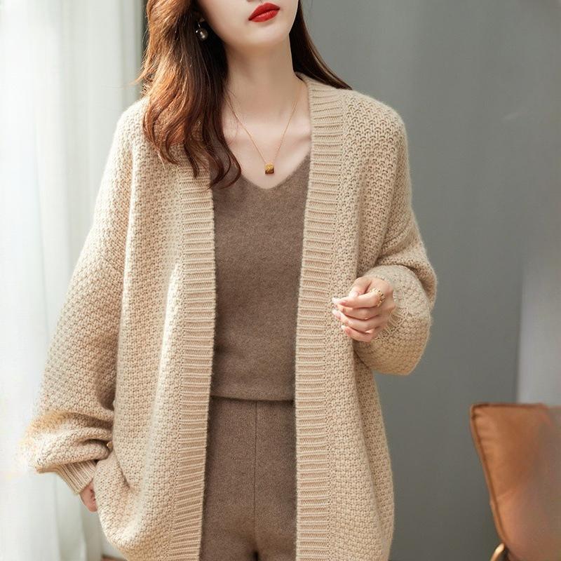 Осень Зима Женский Французский Ретро Стиль Вязаный Кардиган Свитер из Толстой Нити Свободное Пальто Средней Длины Повседневный Универсальный