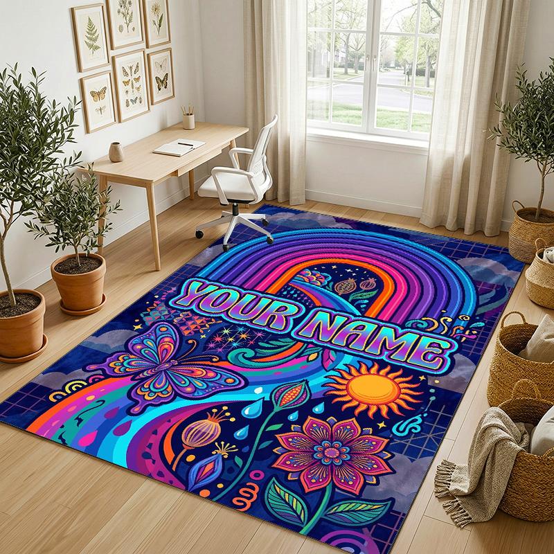 Rainbow Dreams Theme Soft Crystal Velvet Rug Custom Name & Text Print Non Slip Floor Rug for Bedroom Living Room