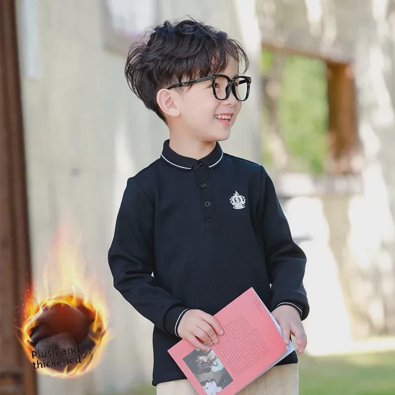 Boys' Long-Sleeve Velvet Polo Shirt - White School Uniform for Older Children In Winter