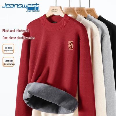Мужской пуловер Jeanswest 2025 в китайском стиле с полувысоким воротником и флисовой подкладкой