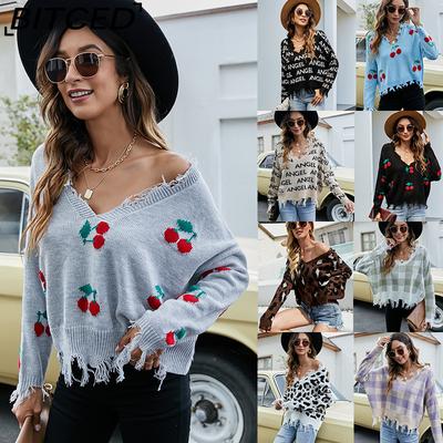 Женский укороченный свитер оверсайз с V-образным вырезом Женский вязаный свитер с бахромой для осени/зимы