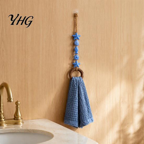 Bohemian Style Home Accents Beaded Towel Hanger, Wall Mounted Wood Ring Hand Boho Holder for Bathroom Holder, Decorative Hemp Rope Storage Rack