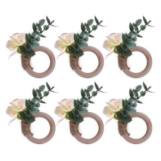 6Pcs Boho Napkin Rings Fabric Flower Faux Eucalyptus Leaf Napkin Holders Rustic Wooden Napkin Rings for Wedding Bridal Shower Dining Table Decor