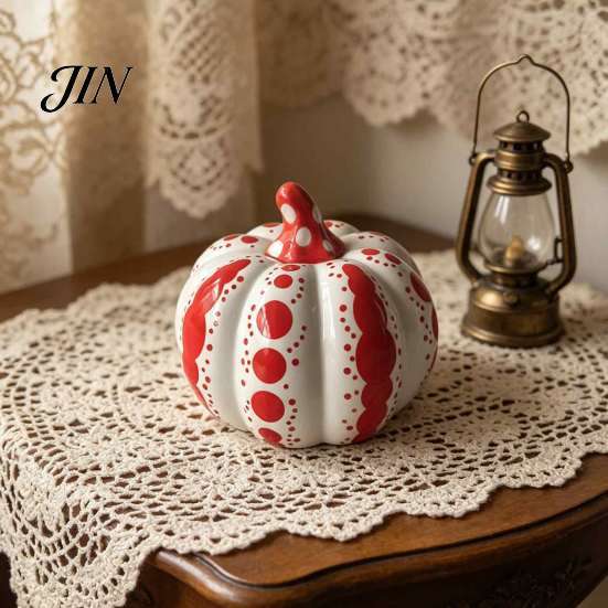 Collectible Ceramic Craft Gifts Pumpkin Sculpture, Modern Polka Dot Figurine, Farmhouse Retro Style Home Soft Furnishings Tabletop Decoration
