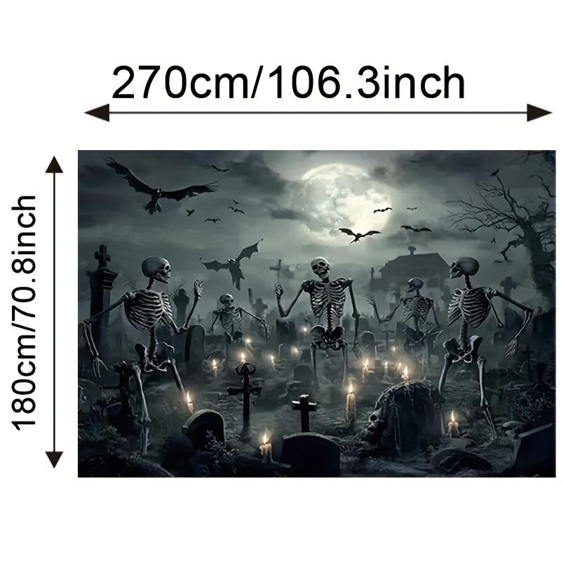 A terrifying cemetery background depicting a Gothic cemetery scene featuring skulls full moons tombstones and bats.