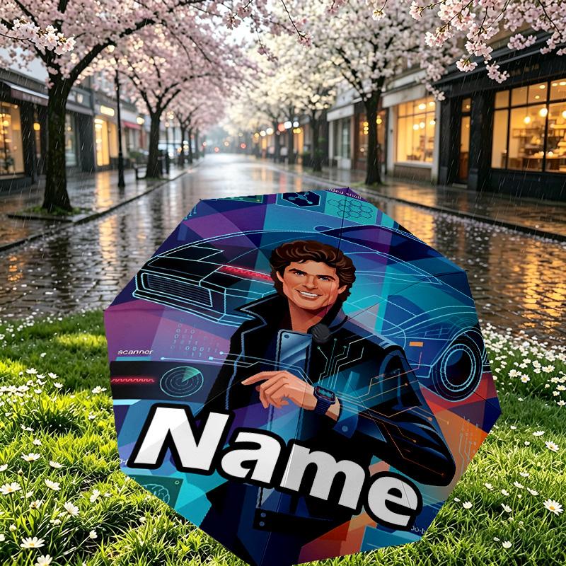 Custom Name Personalized Knight Rider Print Umbrella, Auto Open Close, 8‑Rib Sturdy Frame, Commute Camping Hiking Use, Birthday Gift