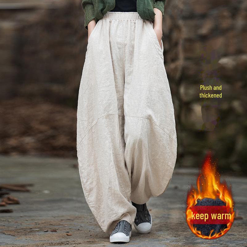 Шаровары из утолщенного бархата рами и хлопкового льна - Весна 25 Женские брюки для медитации