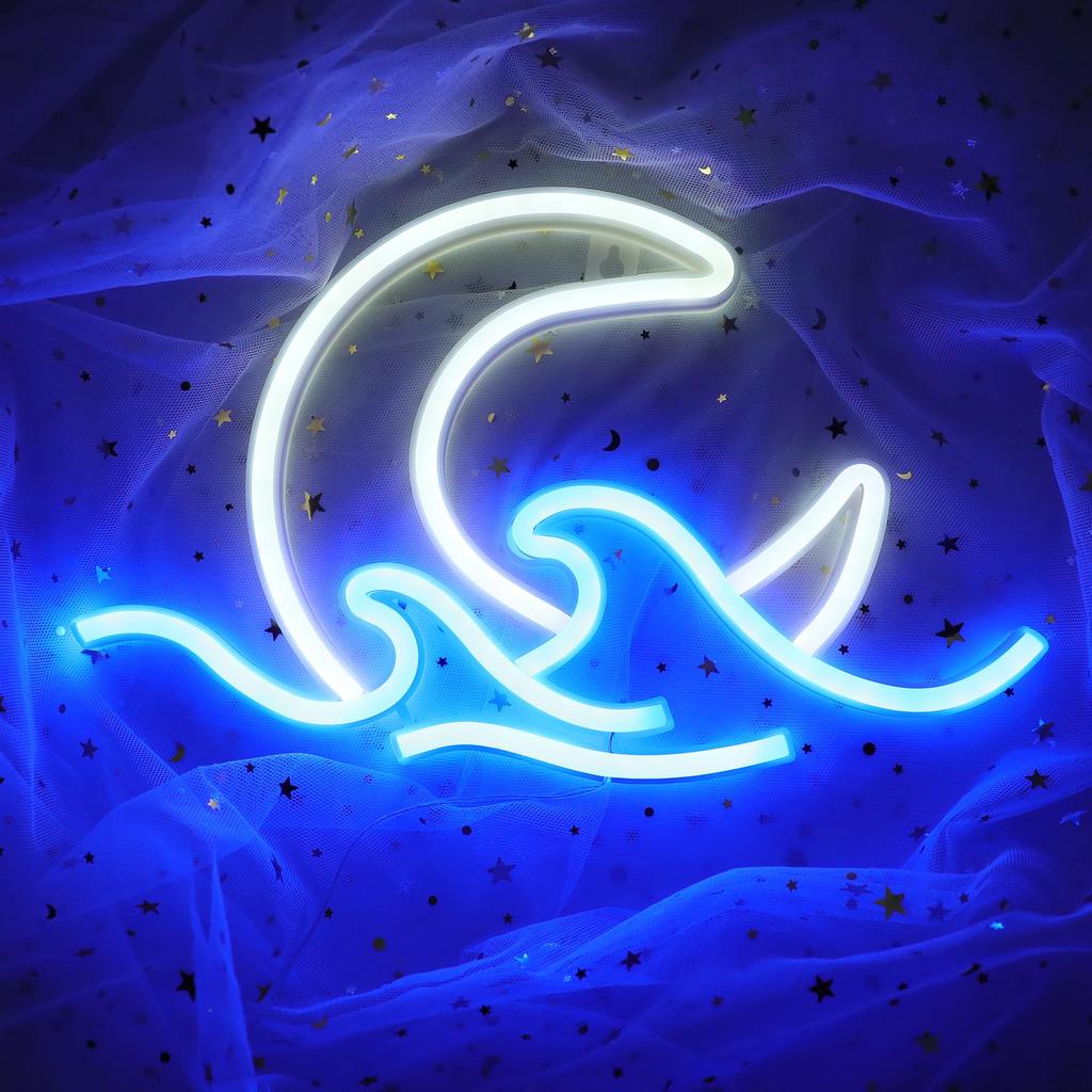 ENUOLI Neon Sign, Neon Light, Room Light, Moon, Wave, Wall Hanging, Interior Decor, Wall Decoration, Birthday Gift, Shop, Bar, Home, Coffee Shop,