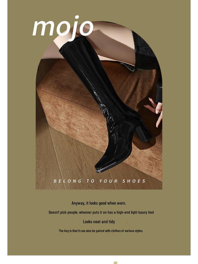 Women's Red Patent Leather Chunky Heel Boots - Autumn/Winter 2025 Collection, Metal Anti-Collision Square Toe, Elastic, Sexy Long Design.