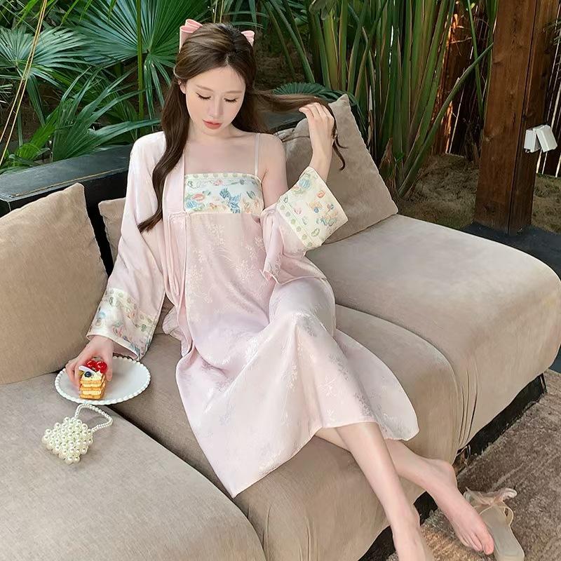 New ice silk pajamas with chest pads women's new Chinese suspender long skirt cardigan two-piece set high-end national style loungewear