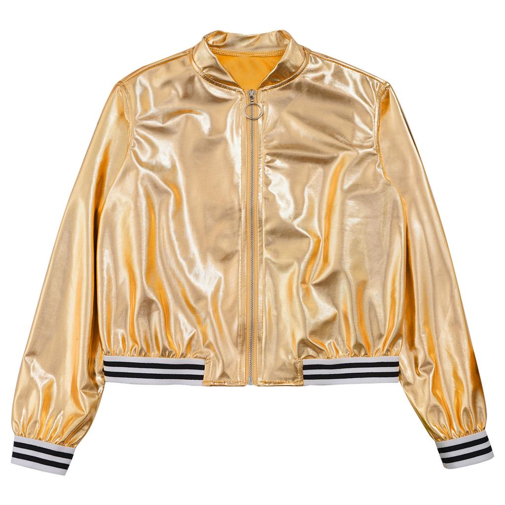 Детская блестящая бейсбольная куртка с длинными рукавами для девочек, блестящая куртка-бомбер на металлической молнии, пальто, верхняя одежда