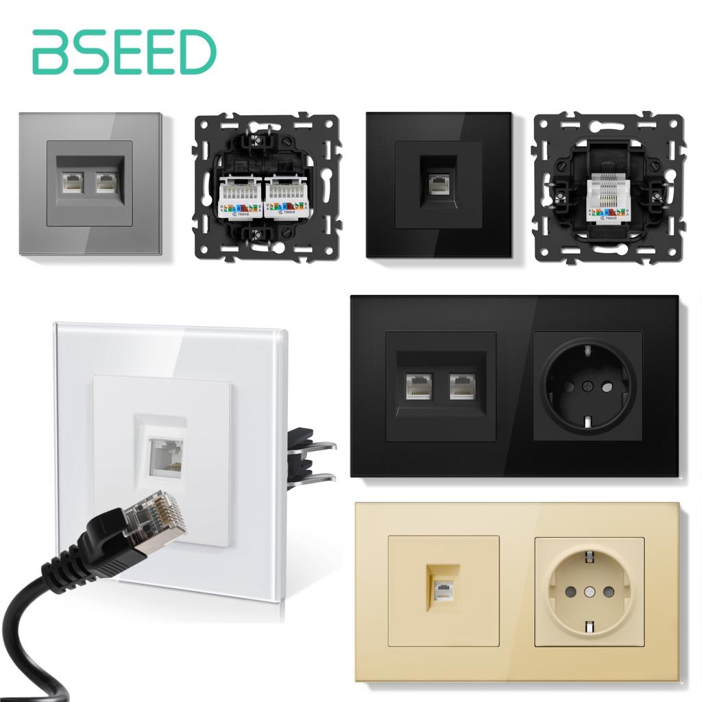 BSEED Двойная интернет-розетка Одиночная розетка CAT6 для стены Розетки питания EU Плюс сетевые разъемы для данных и компьютера Панель из стекла