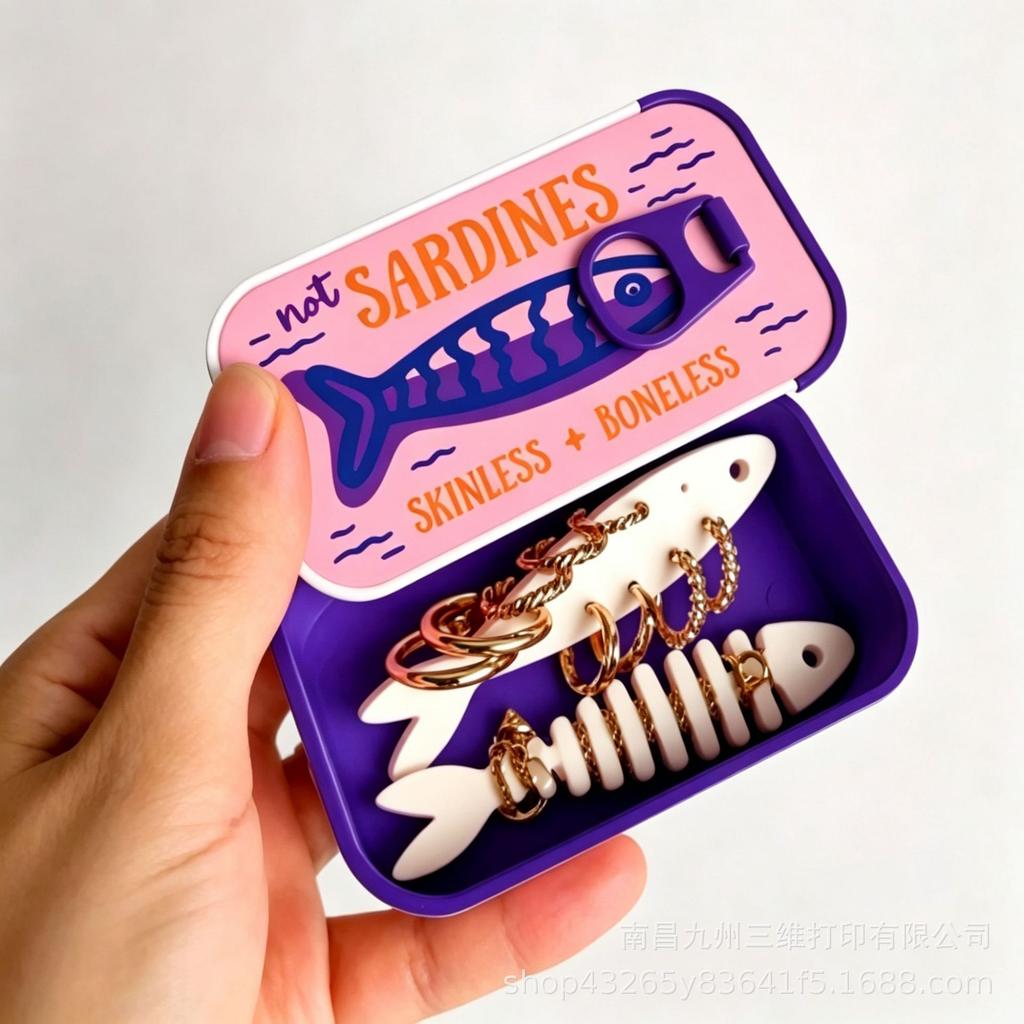 3d Printed Sardines Travel Jewelry Case Tin Like Jewelry Box with Fish-Shaped Holders for Rings, Earrings and Charms Portable Earring Organizer