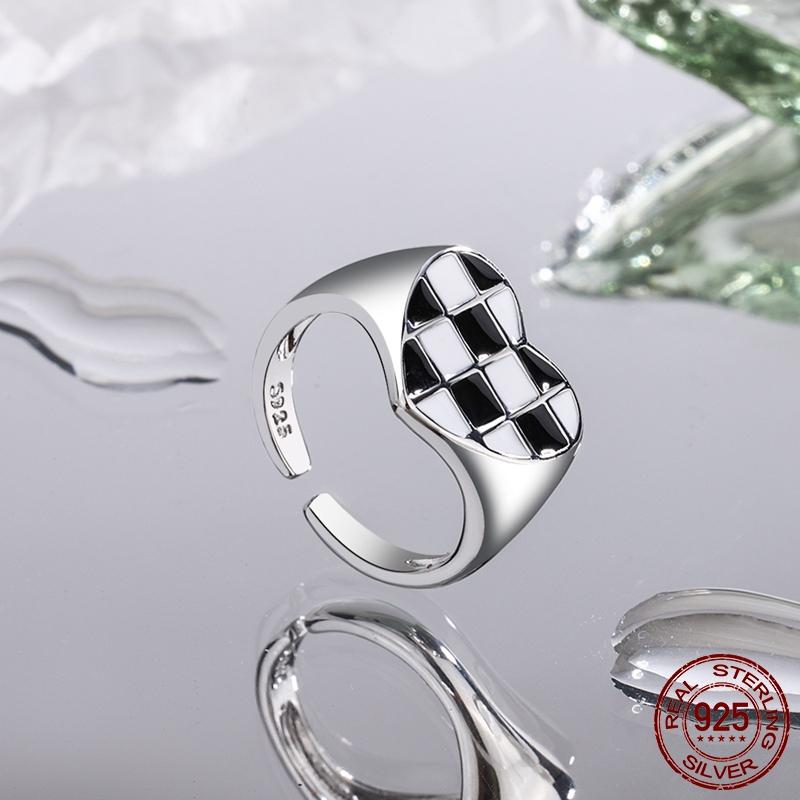New Trend Cool Black White Grid Band Ring For Women Original 925 Silver Rings Brand Jewelry Gift