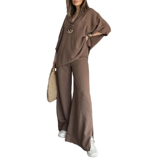 Женский костюм-двойка оверсайз 45720: пуловер с рукавом и брюки широкого кроя