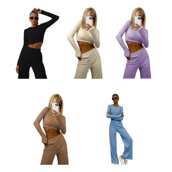 Женский комплект для отдыха из 2 предметов: кроп-топ с длинным рукавом и широкие брюки. Осенний костюм с круглым вырезом. Повседневные наряды