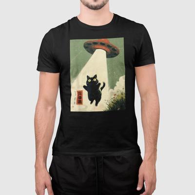 Футболка с кошкой-НЛО Винтажное японское искусство Графика с инопланетной кошкой Унисекс