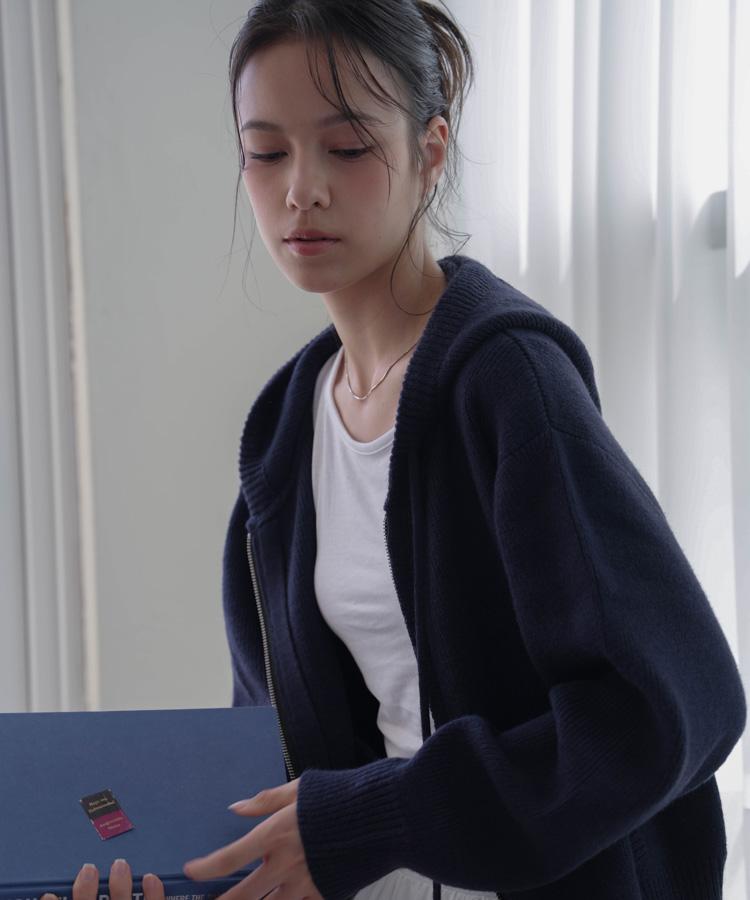 DEHEVE Two-Way Hood Zip-Up Knit [Navy]