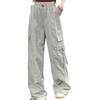 Women Cargo Pants Elastic High Waist Adjustable Drawstring Long Trousers Solid Color Wide Leg Multi Pockets