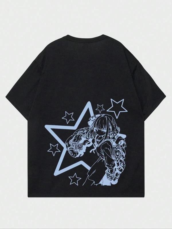 Star & Cartoon Print Drop Shoulder Street Casual Tee