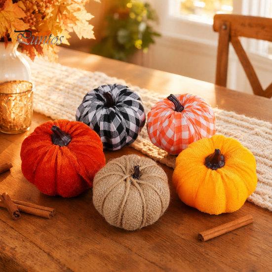 Тыквы из мешковины и бархата 5 шт. Осенний тканевый декор-тыква, Thanksgiving Фермерский набивной клетчатый декор, Урожай Маленькие искусственные для домашнего стола