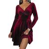 Women's Spring Autumn Velvet Dress Black Red Green Long Sleeve V-neck Slim A Line Mini Dresses