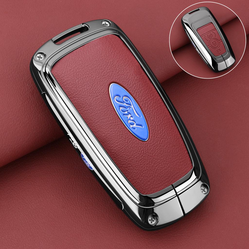 Leather Car Key Case Protector Cover for Ford Fusion Mustang Explorer F150 F250 F350 EcoSport Edge S-MAX Ranger Lincoln Mondeo
