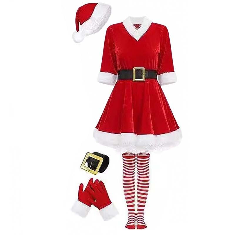 5pcs Santa Claus Costume For Women Clause Santa Dress Christmas Outfits Dresses Hat Gloves Belt Stockings For Xmas Year