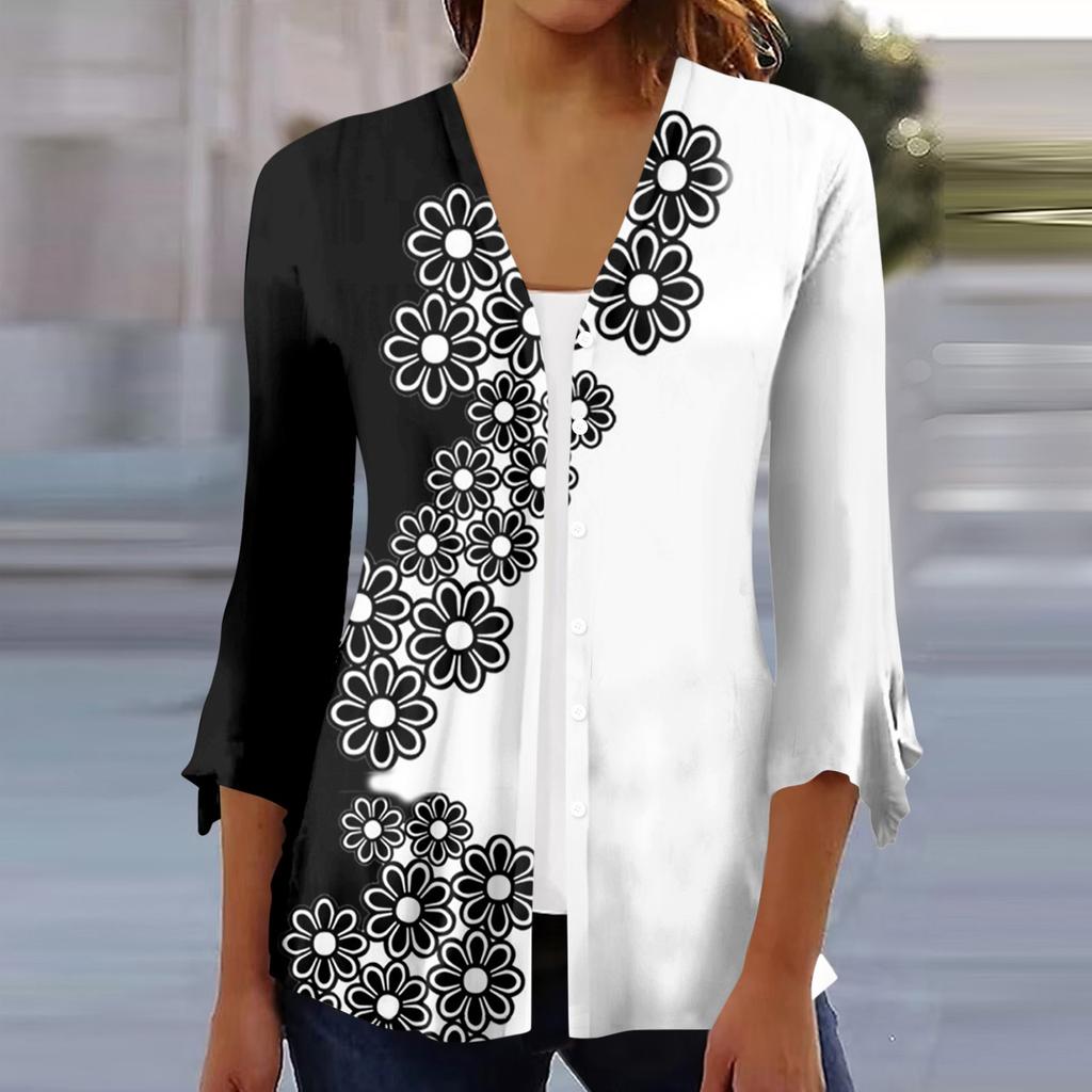 Women's Shirt Blouse Outerwear Print 3/4 Length Sleeve Casual Holiday Basic Button Tops