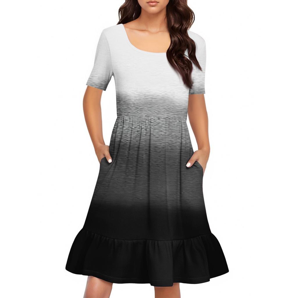 Женское повседневное платье с круглым вырезом и короткими рукавами Платье со складками на талии Платье с складками на талии