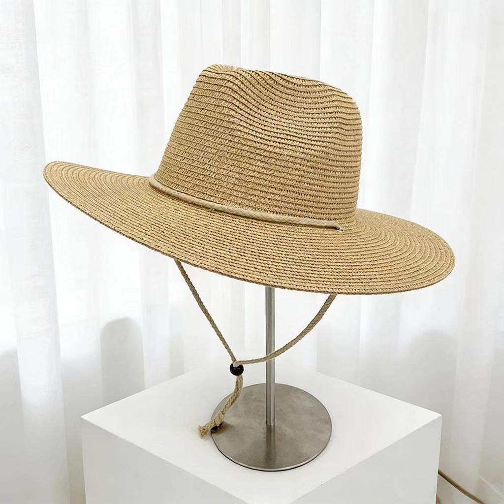 Summer new lanyard large brim sunshade beach straw hat unisex versatile outdoor hiking sun hat