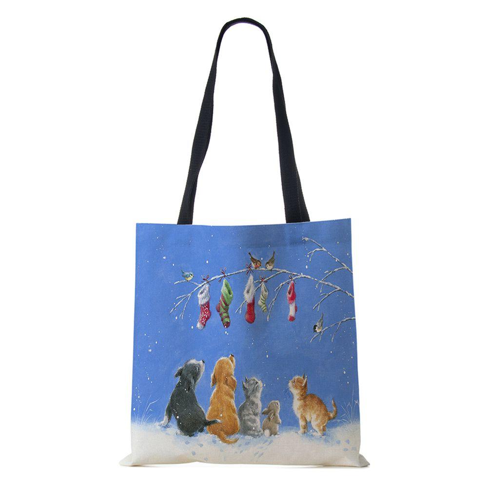 Рождественская елка Подарок Харадзюку Холщовая сумка-шоппер Рождественская собака Женская многоразовая сумка через плечо Большая вместимость Складная сумка для хранения KTY