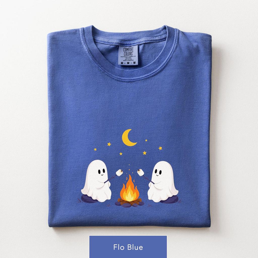 Minimalist Unisex Ghost Campfire Shirt and kids tshirt, Cute Halloween Camping Tee, Spooky Marshmallow Ghost, Comfort Colors®