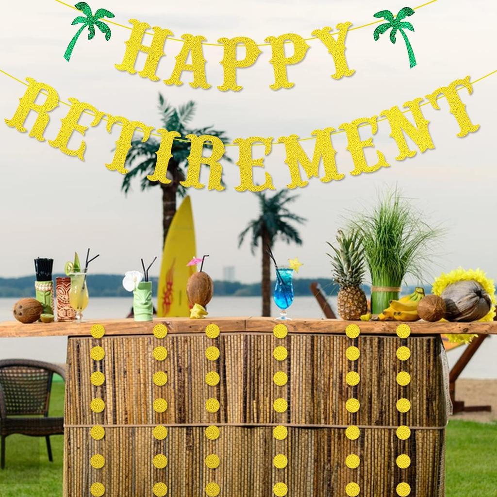Gold Glitter Retirement Banner, Happy Retirement Party Decorations, Farewell Party Decor - Summer Beach Theme for Men & Women