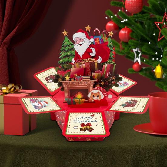 3D Pop-Up Christmas Cards with Envelope Folded Holiday Greeting Cards Cute Santa Claus Gift Card for Friends Children Family