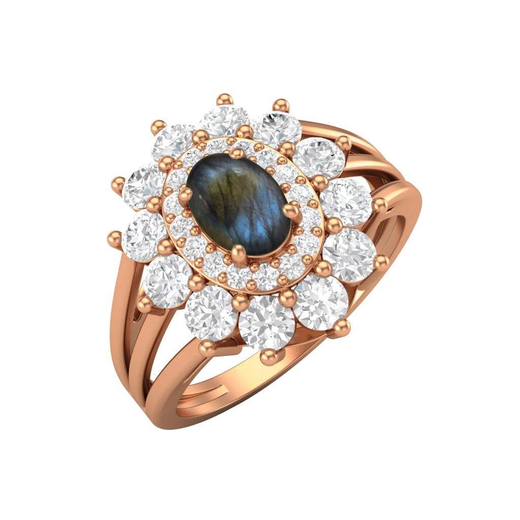 6X4MM Oval Labradorite Gemstone 925 Sterling Silver Rose Plated Halo Split Shank Ring