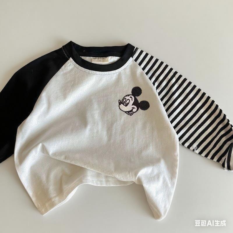 Kids Cotton Long Sleeve T Shirt Embroidered Cartoon Striped Raglan Block Round Neck Top For Boys Girls Baby
