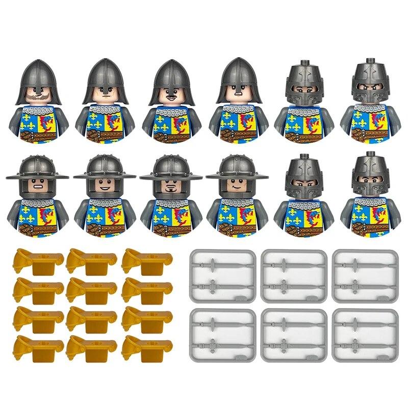 Детские игрушки, средневековый военный солдат, строительный блок, замок, рыцарский корпус, оружие на поле боя, боевой конь, мультяшные фигурки, кирпичи
