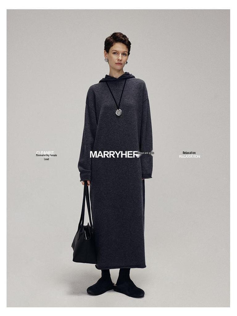 60226#Marryher Свободное Классическое Шерстяное Вязаное Платье с Капюшоном - Длинный Зимний Стиль для Расслабленной Женщины