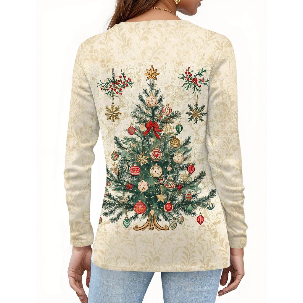 Женская модная повседневная футболка с разрезом по низу, круглым вырезом, длинными рукавами, свободного кроя, с рождественским принтом, женский топ