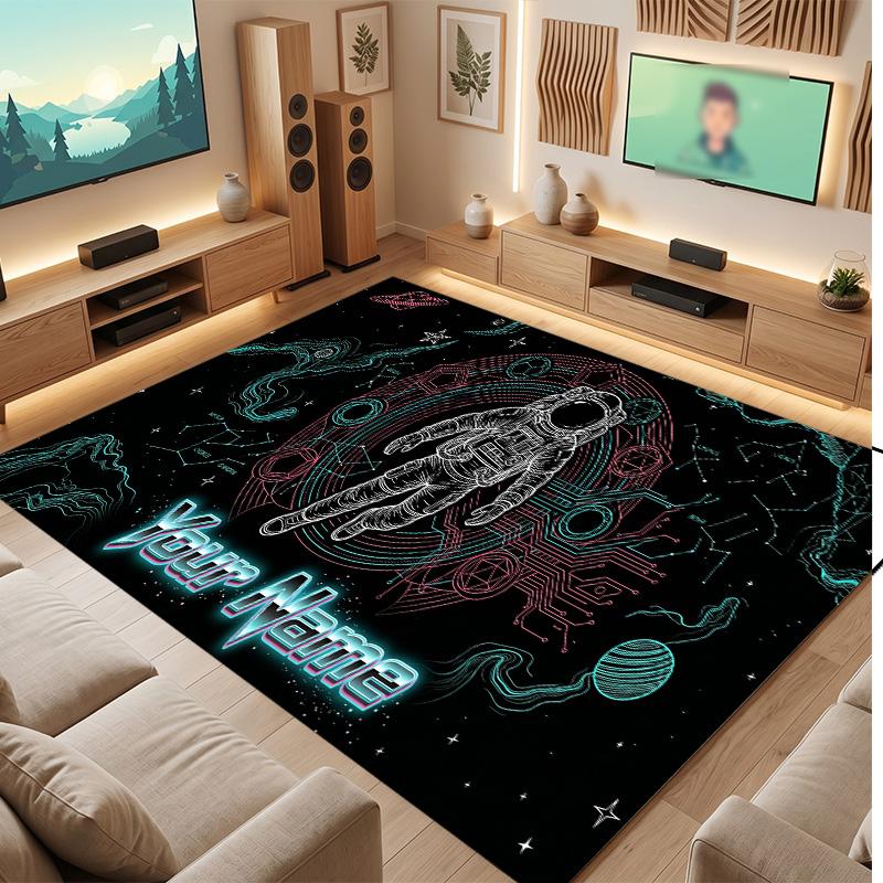 Astronaut Space Theme Soft Crystal Velvet Rug Custom Name & Text Print Non Slip Floor Rug for Bedroom Living Room