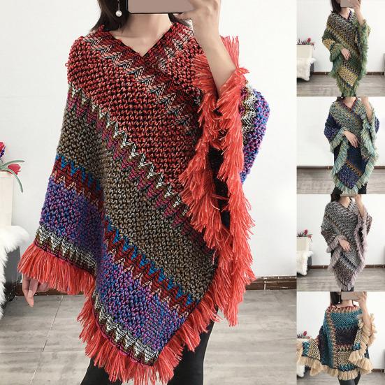 Bohemian Autumn Knitted Coat Knitted Comfy Autumn Winter V Neck Colorful Irregular Hem Cloak Coat Sweater