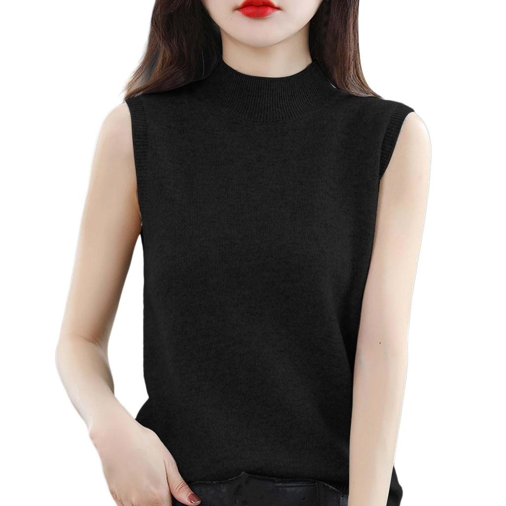 Women's Fashion Vest Base Sleeveless Solid Color Loose Knit Semi-turtleneck Top