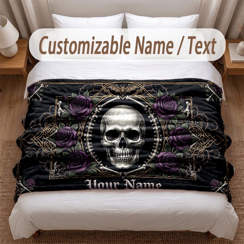Skull Gothic Theme Soft Blanket Personalized Custom Name Text Print Warm Blanket Home Sofa Bedroom Decor