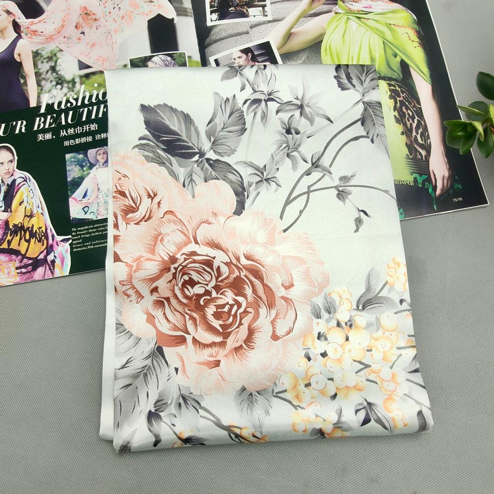 Silver White Silk Scarf Headscarf For Women Elegant Chinese Rose Silk Big Square Scarves Shawl Fashion Hair Silk Scarf