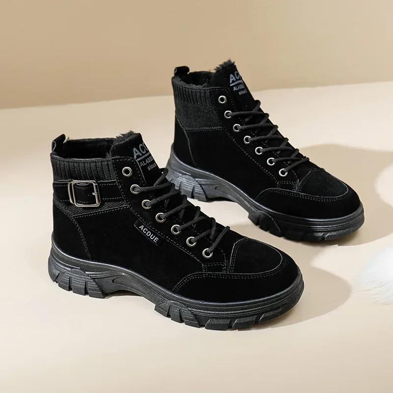 Модные женские зимние ботинки на высокой платформе со шнурками, байкерские ботинки со шнуровкой и круглым носком, черные женские ботинки, женская зимняя обувь 2024 года с подкладкой