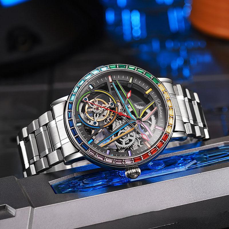 Прозрачные часы Skeleton Tourbillon для мужчин, роскошные водонепроницаемые 3ATM, полностью стальные, автоматические механические часы со стразами, мужские подарки, Reloj Hombre