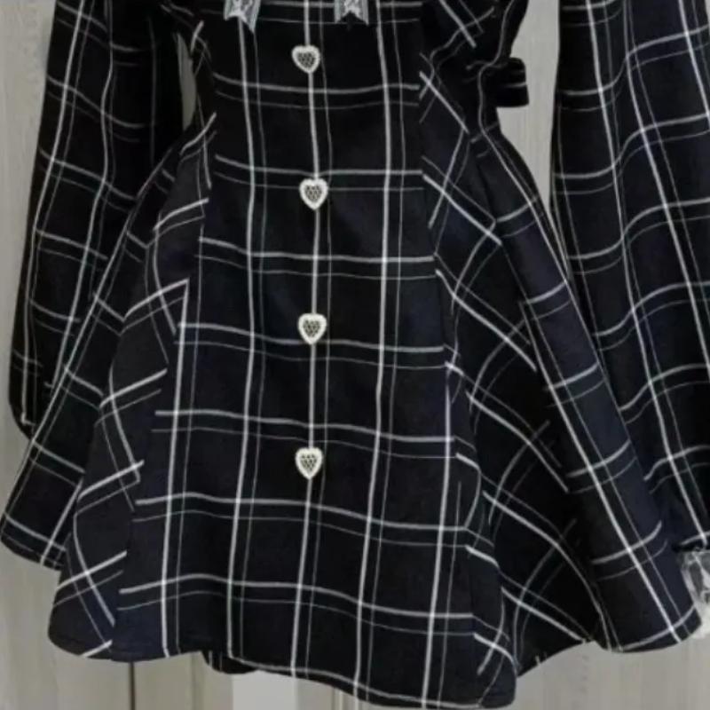 Платья Harajuku Sweet Bow Black Plaid, универсальные, облегающие, кавайные, в стиле Лолиты, для женщин, новинка осени, с длинным рукавом, Vestidos De Mujer