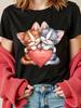 Two Kittens Holding a Love Pattern Ladies Short Sleeve T-shirt Summer Women Clothing