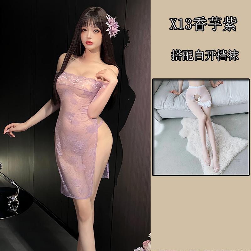 Sexy transparent no-take cheongsam sex underwear one-word collar lace purple perspective hip-wrapped dress Spice Girl suit